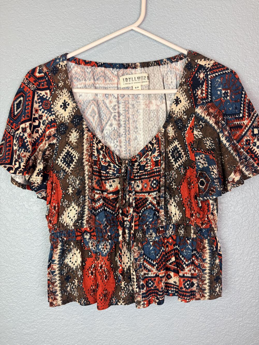 Idyllwind Blouse Womens Small Multicolor Scoop Flutter Sleeve Boho Peplum Top